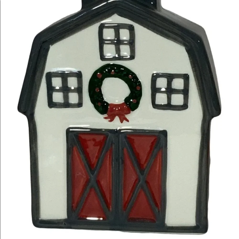 Christmas Barn Soap Lotion Dispenser Ceramic Hand Painted Gift Grey Wreath Re…
